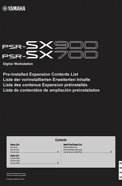 yamaha雅马哈PSR-SX900_PSR-SX700 Pre-installed Expansion Contents List